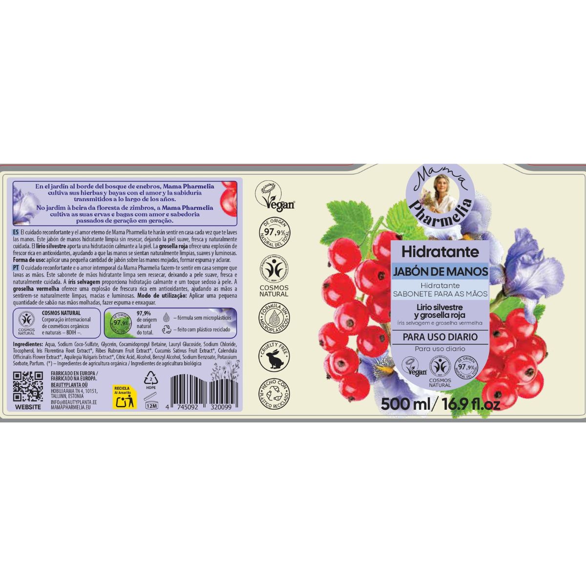 Sapone mani idratante con giglio selvatico e ribes rosso, Mama Pharmelia, 500 ml
