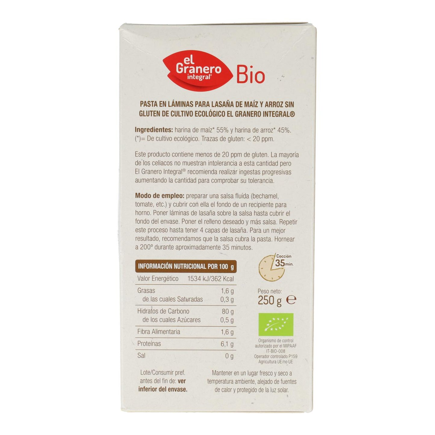 Foglie per lasagne di mais senza glutine Bio El Granero, 250 g