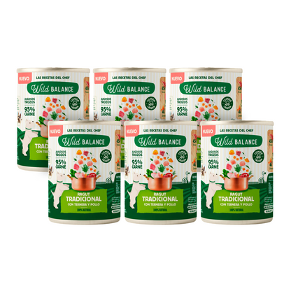 Confezione da 6 ragù tradizionale di manzo e pollo per cani Wild Balance 400 g