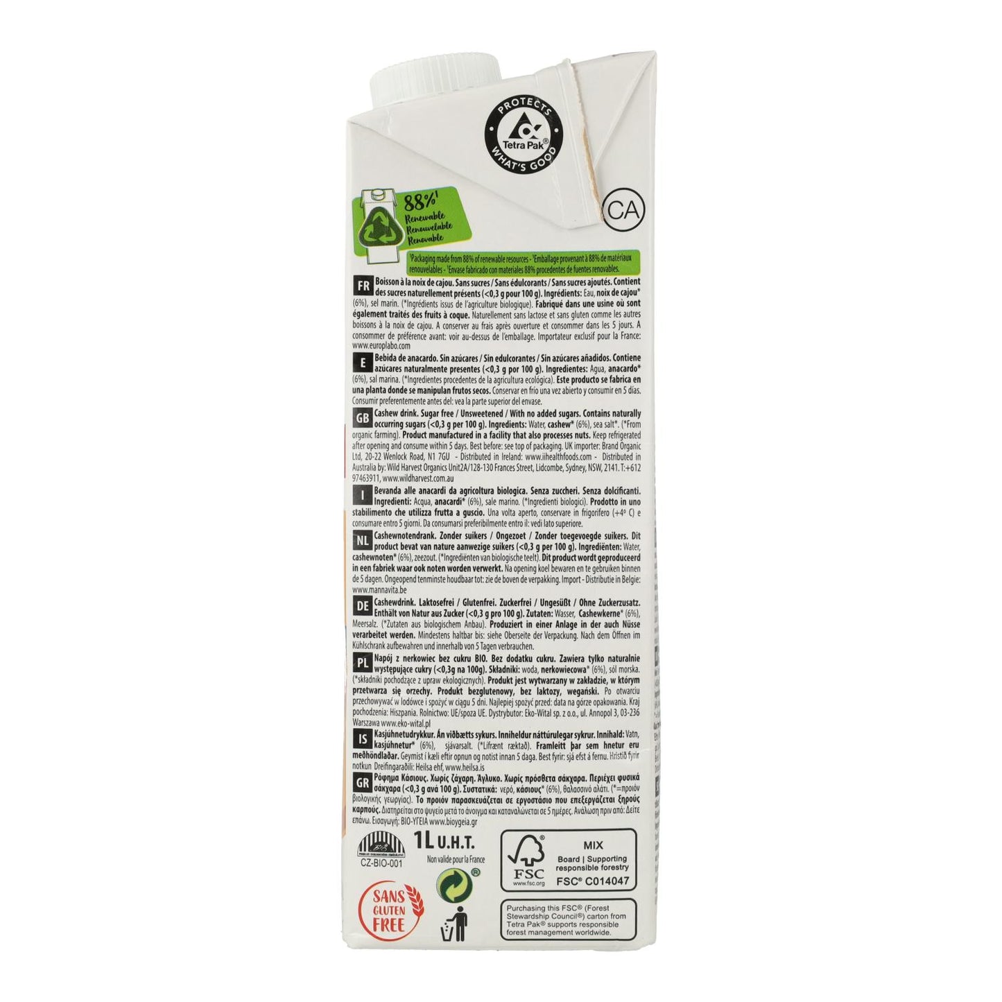 Pflanzliches Getränk Cashew Nature Bio Ecomil 1 l