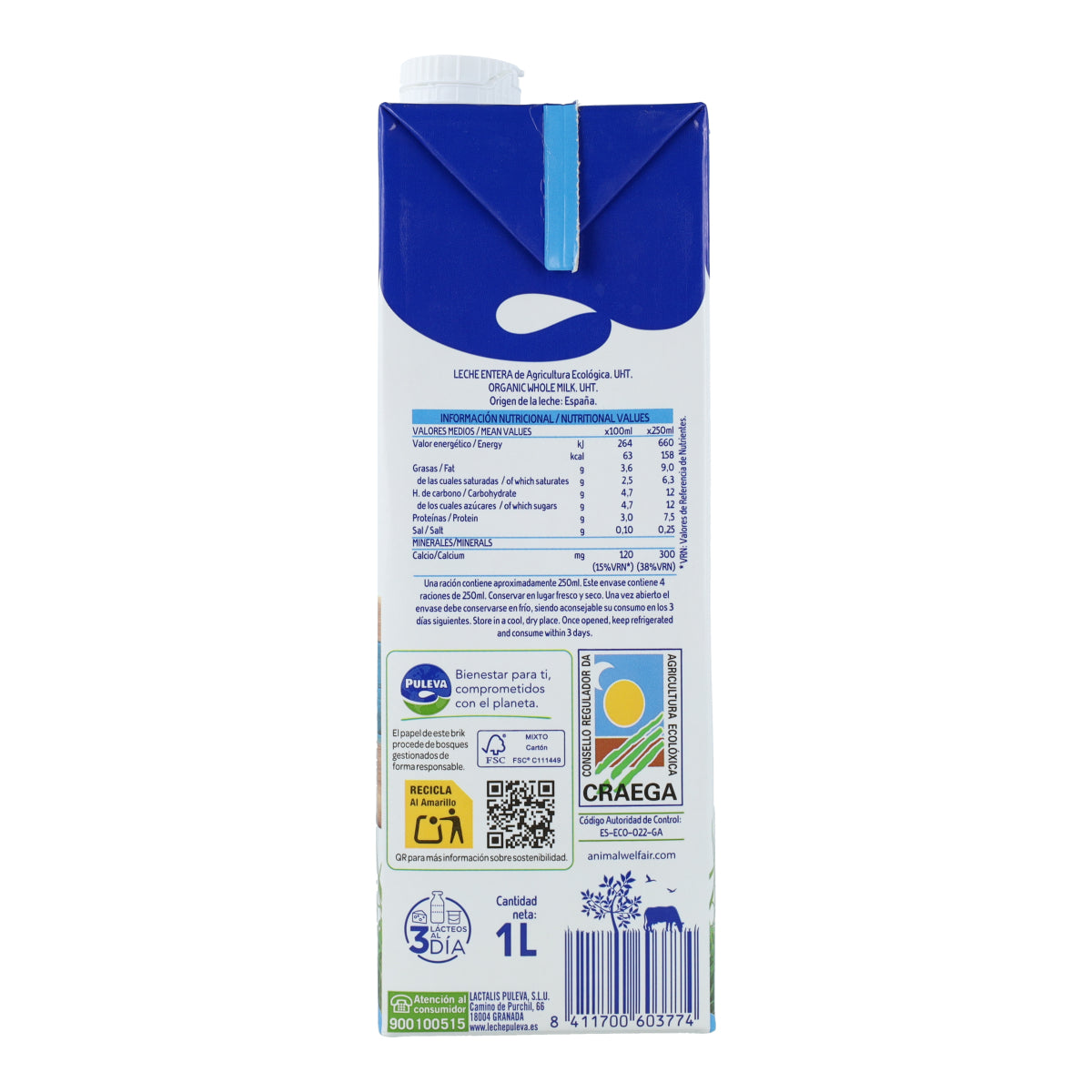 Pack 6 uds Leche Entera ecológica Puleva, 1 L