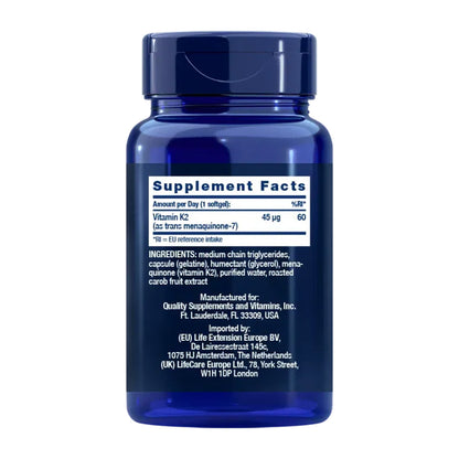 Vitamine K2 à faible dose (MK-7) 45 mcg, Life Extension 90 perles