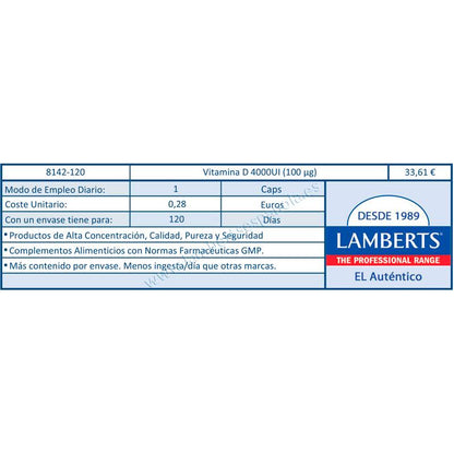 Vitamine D3 4000 UI (100 µg) Lamberts, 120 gélules