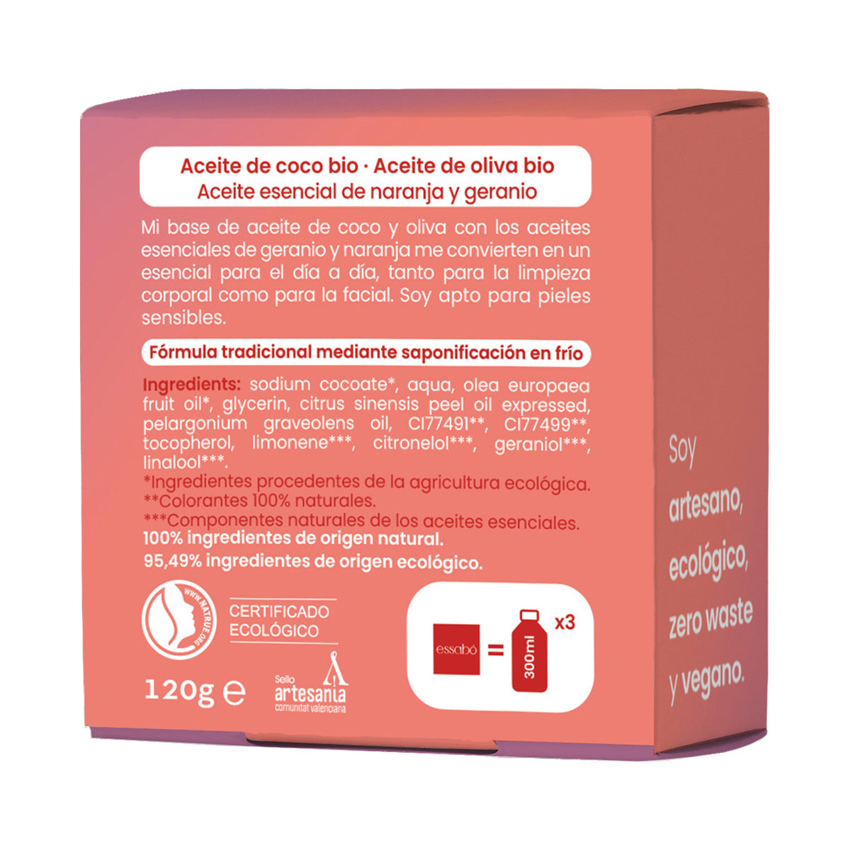 Savon solide écologique essentiel au géranium ESSABÓ 120 g