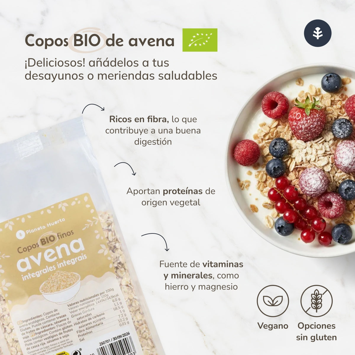 Confezione 2x Fiocchi d'avena integrali ECO Planeta Huerto 500 g