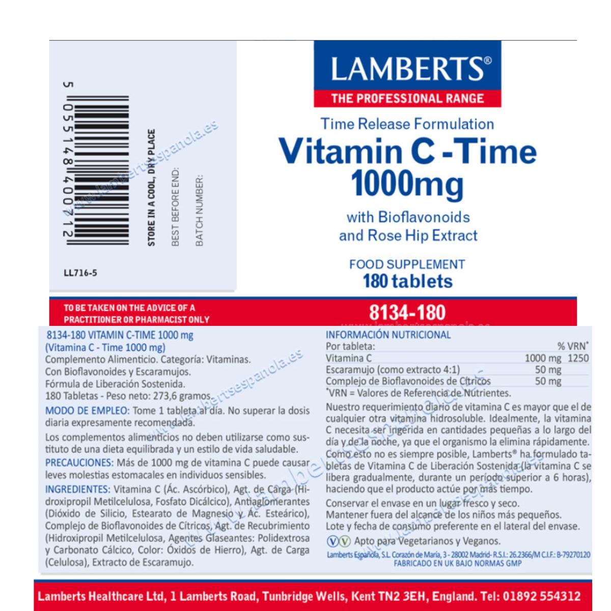 Vitamina C a rilascio prolungato 1000 mg Lamberts 180 compresse