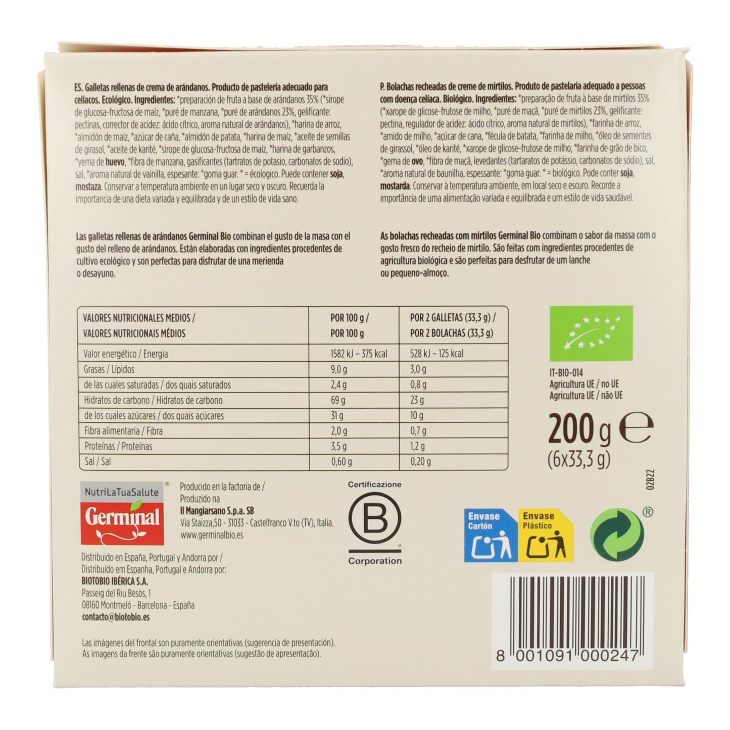 Biscuits sans gluten fourrés à la crème de myrtille Germinal, 200 g