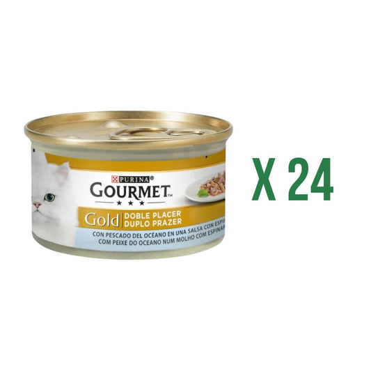 Pack of 24 x GOURMET GOLD Double Delight Ocean Fish & Spinach Wet Food 85 g