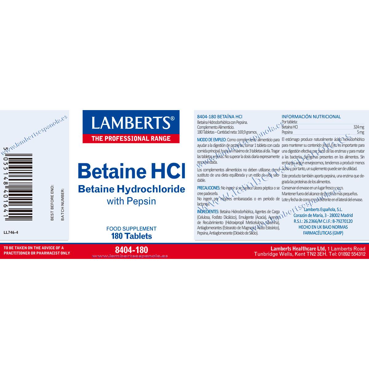 Betaina HCl 324 mg/Pepsina 5 mg Lamberts, 180 compresse